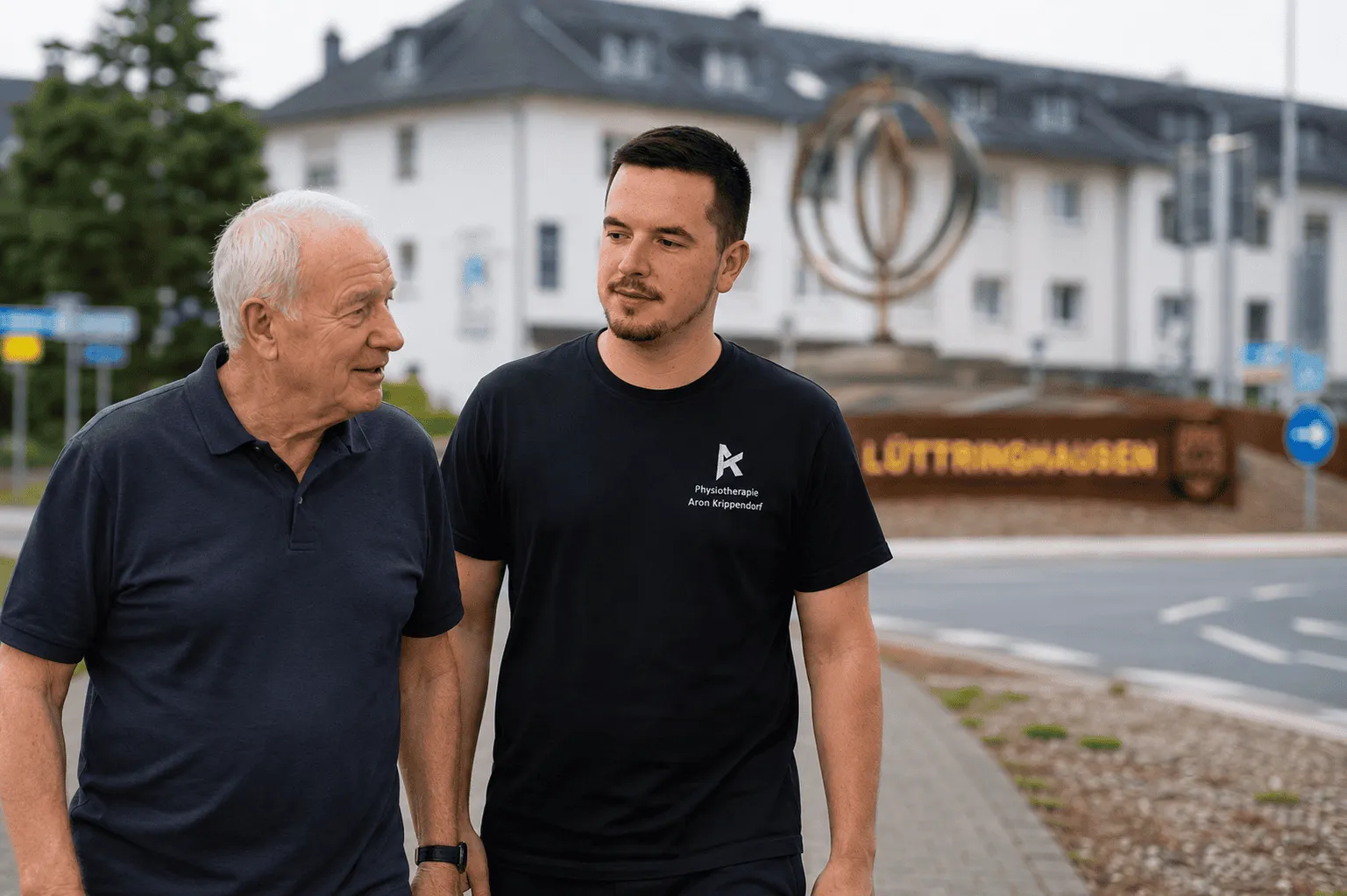 Therapeut der Praxis Krippendorf begleitet einen Patienten in Remscheid-Lüttringhausen